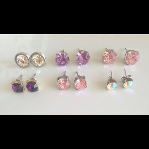 Six Pair Set Crystal Stud Post Fashion Earrings